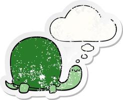 cute cartoon tortoise and thought bubble as a distressed worn sticker vector