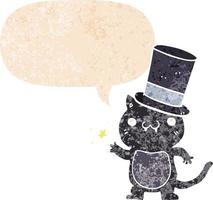 cartoon cat wearing top hat and speech bubble in retro textured style vector