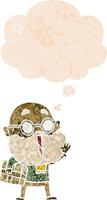 cartoon joyful man with beard and parcel under arm and thought bubble in retro textured style vector