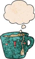 cute cartoon coffee cup and thought bubble in grunge texture pattern style