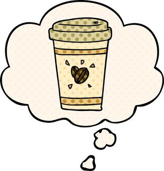 caricatura, café para llevar, y, pensamiento, burbuja, en, cómico, estilo vector