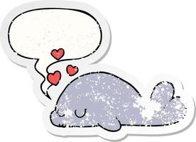 cute cartoon dolphin and speech bubble distressed sticker vector