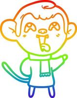 dibujo de línea de gradiente de arco iris mono loco de dibujos animados con bufanda vector