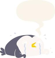 cartoon crying penguin and speech bubble in retro style vector