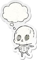 cartoon skeleton and thought bubble as a distressed worn sticker vector