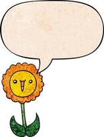 cartoon flower and speech bubble in retro texture style vector