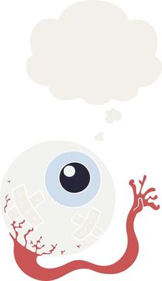 cartoon injured eyeball and thought bubble in retro style