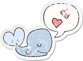 cartoon whale in love and speech bubble distressed sticker vector