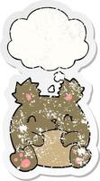 cartoon bear and thought bubble as a distressed worn sticker vector