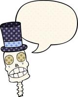 Calavera espeluznante de dibujos animados y burbuja de habla al estilo de las historietas vector