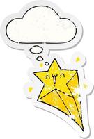 cartoon shooting star and thought bubble as a distressed worn sticker vector