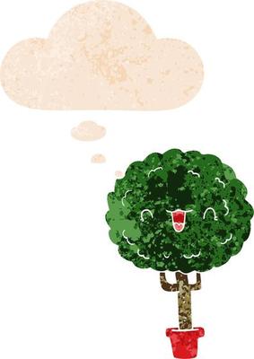 cartoon happy tree and thought bubble in retro textured style