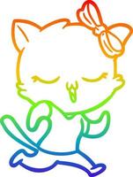 rainbow gradient line drawing cartoon cat with bow on head vector