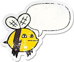 cartoon bee and speech bubble distressed sticker vector