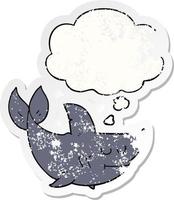 cartoon shark and thought bubble as a distressed worn sticker vector