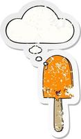 cartoon ice lolly and thought bubble as a distressed worn sticker vector