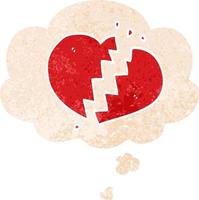 caricatura, corazón roto, y, pensamiento, burbuja, en, retro, textura, estilo vector