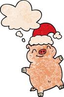 cartoon happy christmas pig and thought bubble in grunge texture pattern style vector