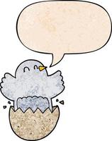 cartoon hatching chicken and speech bubble in retro texture style vector