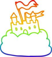 castillo de dibujos animados de dibujo de línea de gradiente de arco iris en la nube vector
