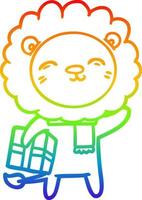 rainbow gradient line drawing cartoon lion with christmas present vector