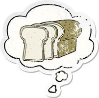 cartoon sliced bread and thought bubble as a distressed worn sticker vector