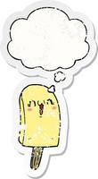 cartoon frozen ice lolly and thought bubble as a distressed worn sticker vector