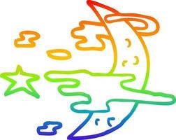 rainbow gradient line drawing cartoon spooky moon and clouds vector