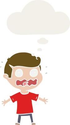 cartoon man totally stressed out and thought bubble in retro style