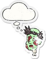 cartoon zombie head and thought bubble as a distressed worn sticker vector