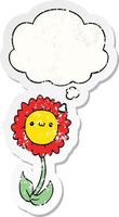 cartoon flower and thought bubble as a distressed worn sticker vector