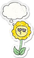 cartoon flower and thought bubble as a distressed worn sticker vector