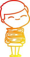 warm gradient line drawing cartoon smiling boy with stack of books vector