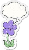 cartoon flower with happy face and thought bubble as a distressed worn sticker vector