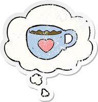 I love coffee cartoon cup and thought bubble as a distressed worn sticker vector