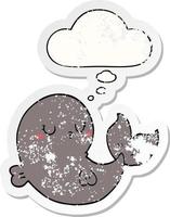 cute cartoon whale and thought bubble as a distressed worn sticker vector