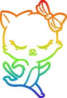 rainbow gradient line drawing cute cartoon cat with bow running vector