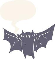 Cute dibujos animados murciélago de halloween y bocadillo de diálogo en estilo retro vector