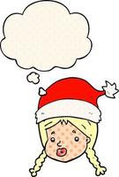 cartoon girl wearing christmas hat and thought bubble in comic book style vector