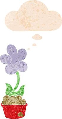 cute cartoon flower and thought bubble in retro textured style