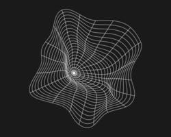 Cyber distorted grid, retro punk design element. Wireframe wave geometry grid on black background. Vector illustration