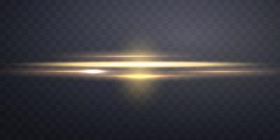 destello de lente horizontal dorado. flash solar con rayos o foco dorado y bokeh. efecto de luz de destello de brillo amarillo. ilustración vectorial