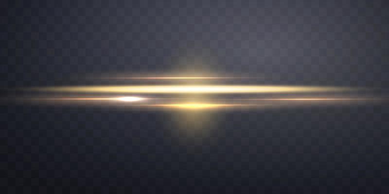 Gold horizontal lens flare. Sun flash with rays or gold spotlight and bokeh. Yellow glow flare light effect. Vector illustration.