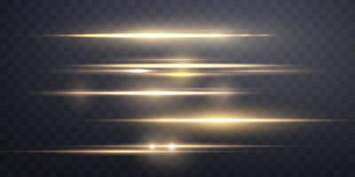 Gold horizontal lens flare set. Sun flash with rays or gold spotlight and bokeh. Yellow glow flare light effect. Vector illustration.