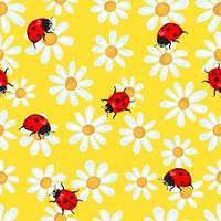 Seamless spring pattern with simple chamomile with ladybugs on yellow background. Print for fabric and wrapping paper. vector