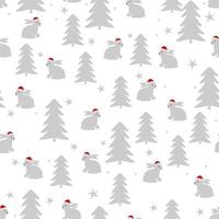 Seamless Christmas pattern. Rabbit with red hat and christmas tree. vector