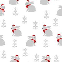 Seamless Christmas pattern with funny hare. Rabbit with red hat, scarf and christmas tree. vector