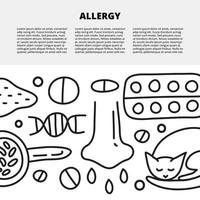 Article template with space for text and doodle outline allergy icons including syringe, runny eye, microscope, dnk, wheat, pills, drops. vector