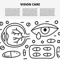 Article template with space for text and doodle outline ophthalmology icons including runny eye, cornea, pills blister isolated on white background. vector