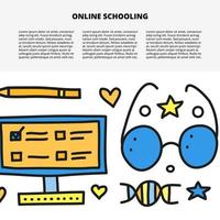 Article template with space for text and doodle colored education, e-learning icons including computer, eye glasses, pen, dna isolated on white background. vector